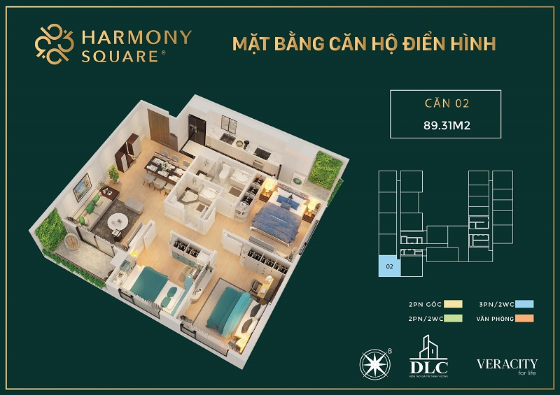 Layout căn hộ 3 ngủ DLC Complex